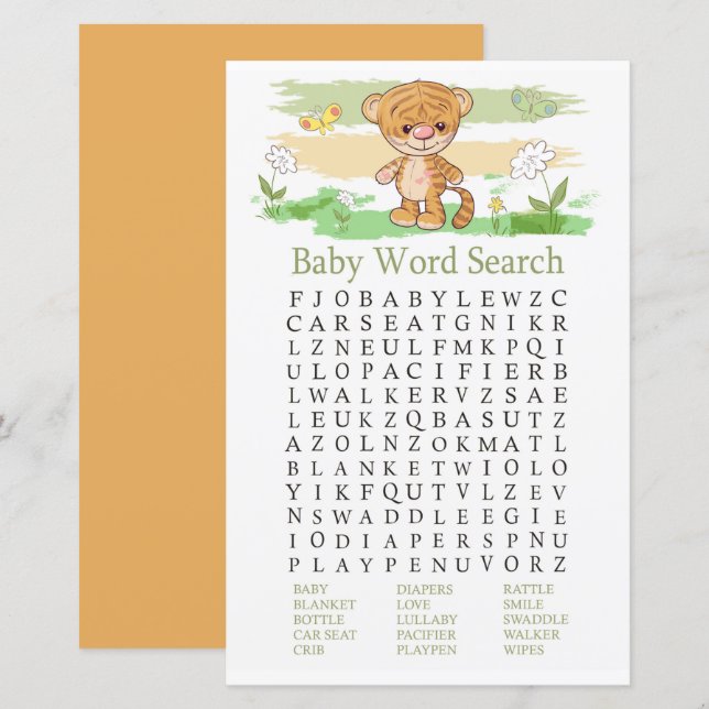 Papier Jeu de recherche de mots de Baby shower Tiger mign (Devant / Derrière)