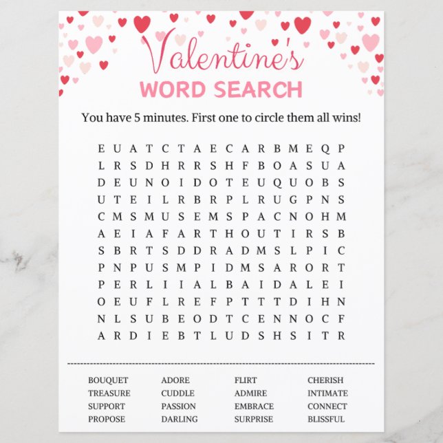 Papier Jeu de recherche de mots de la Saint-Valentin (Devant)