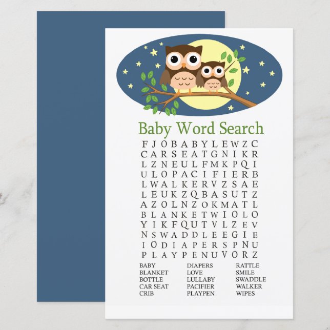 Papier Jeu de recherche de mots du Baby shower Owl (Devant / Derrière)