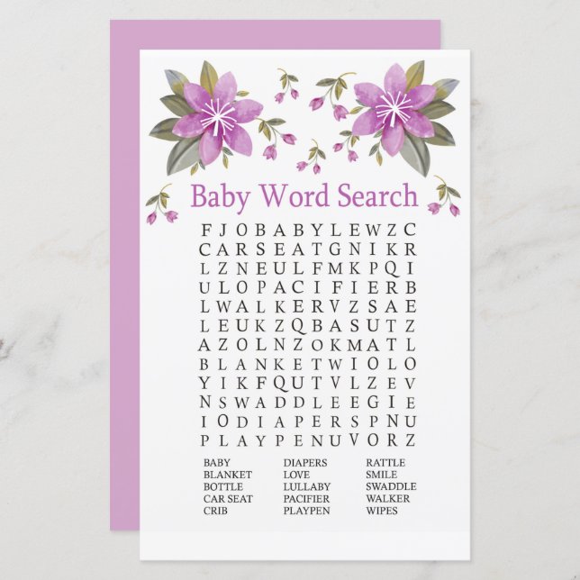 Papier Jeu de recherche de mots pour Baby Shower avec des (Devant / Derrière)