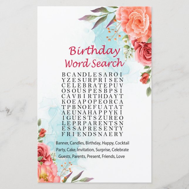 Papier Jeu de recherche de mots pour l'anniversaire de ro (Devant)