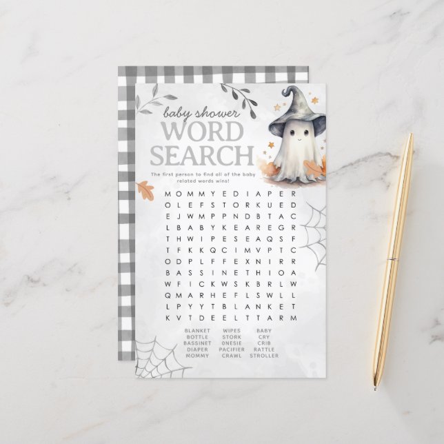 Papier Jeu de recherche Halloween Ghost Baby shower Word (Devant/Arrière en situation)