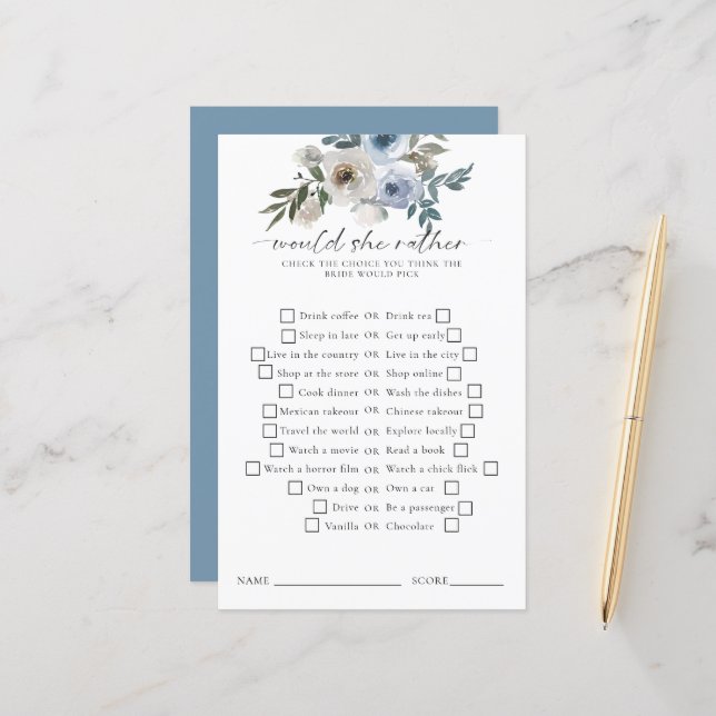 Papier Jeu de Salle de Mariage 'Préfèrerait-Elle' Bleu Po (Devant/Arrière en situation)