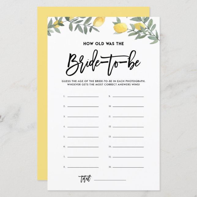 Papier Jeu de Salle de Mariée de la Mariée au Citron (Devant / Derrière)