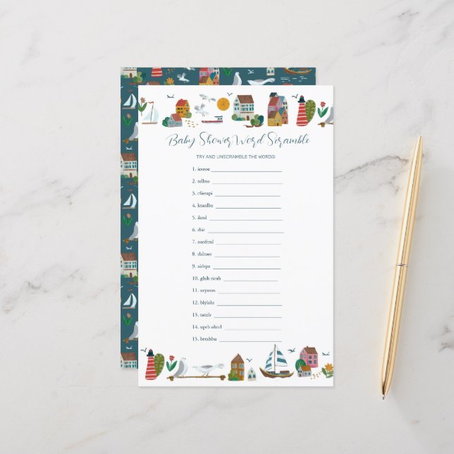 Papier Jeu de scrabble marin côtier pour Baby Shower (Devant/Arrière en situation)