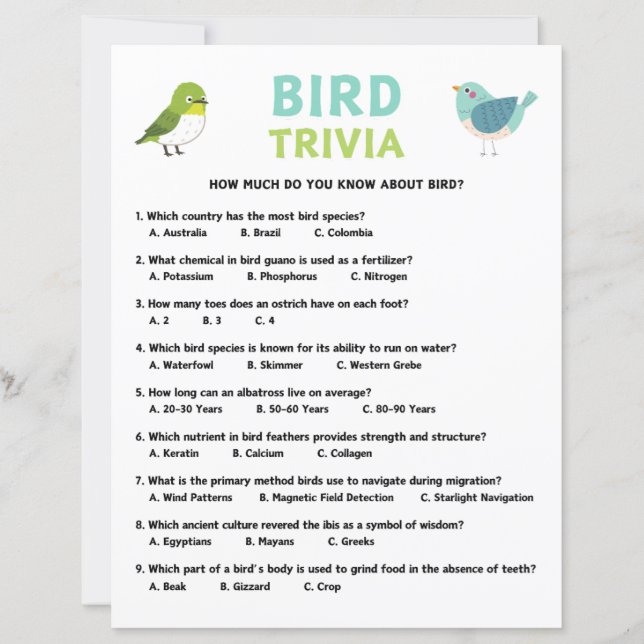 Papier Jeu de Trivia d'oiseaux (Devant)