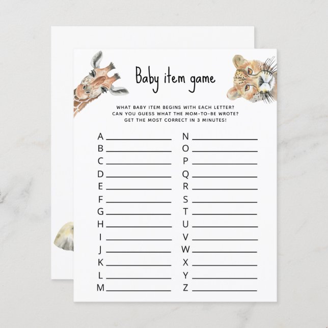 Papier Jeu d'objets pour bébé - baby shower animaux Safar (Devant / Derrière)