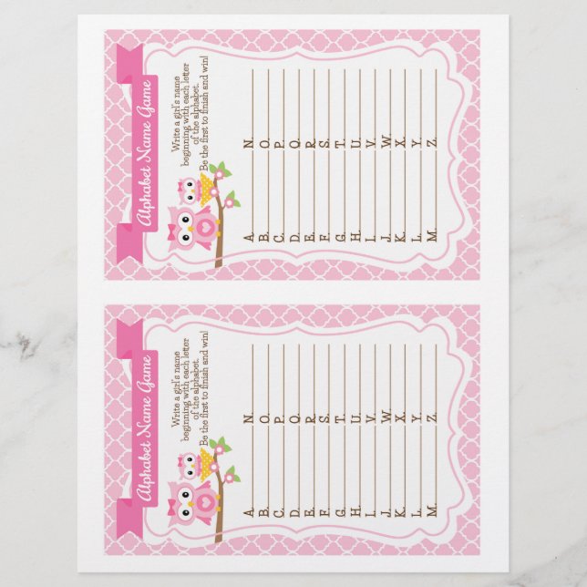Papier Jeu du nom alphabet du Baby shower de hibou (Devant)