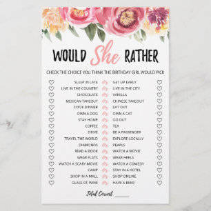 Papier Jeu éditable de 'Would She Rather' pour anniversai