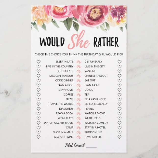 Papier Jeu éditable de 'Would She Rather' pour anniversai (Devant)