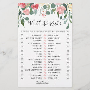 Papier Jeu éditable de 'Would She Rather' pour anniversai