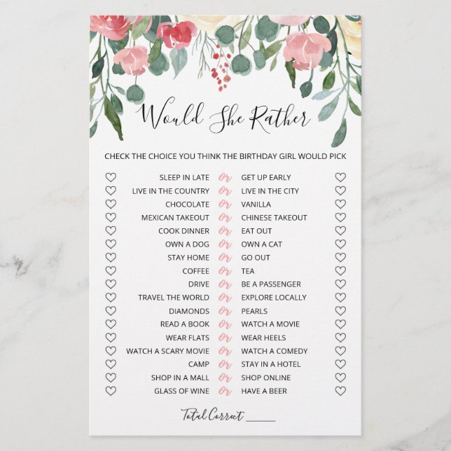Papier Jeu éditable de 'Would She Rather' pour anniversai (Devant)
