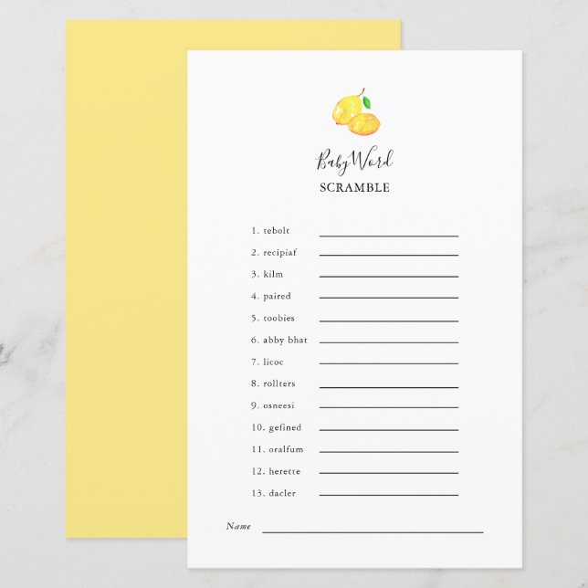 Papier Jeu élégant de mélange de mots pour Baby Shower su (Devant / Derrière)