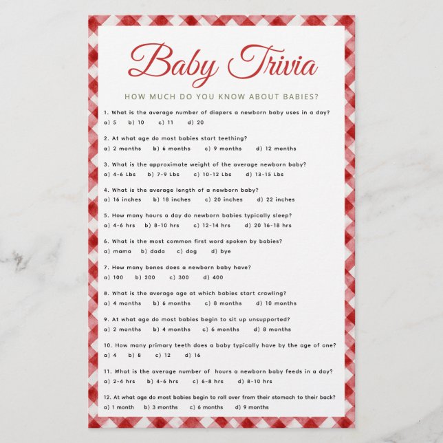 Papier Jeu En vichy Baby shower rustique Trivia (Devant)