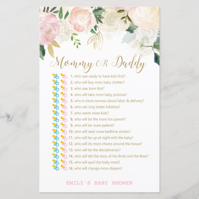 Papier Jeu Floral Blush rose et or Baby shower IMPRIMER (Devant)