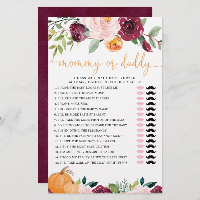 Papier Jeu maman ou papa citrouille floral automne (Devant / Derrière)