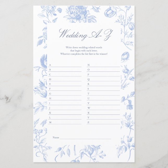 Papier Jeu mariage A à Z | Fête des mariées de toile bleu (Devant)