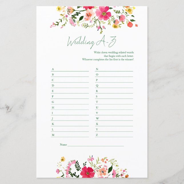 Papier Jeu mariage A à Z | Fête des mariées florale brill (Devant)