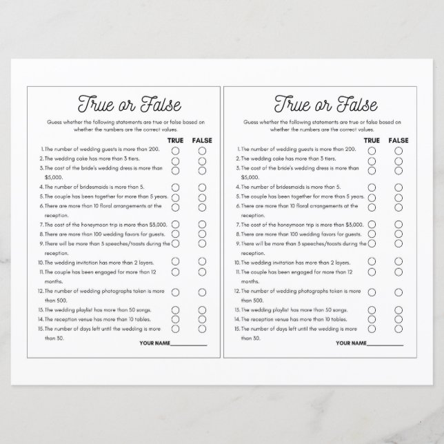 Papier Jeu Mariage vrai ou faux imprimable - 8,5 x 11 (Devant)
