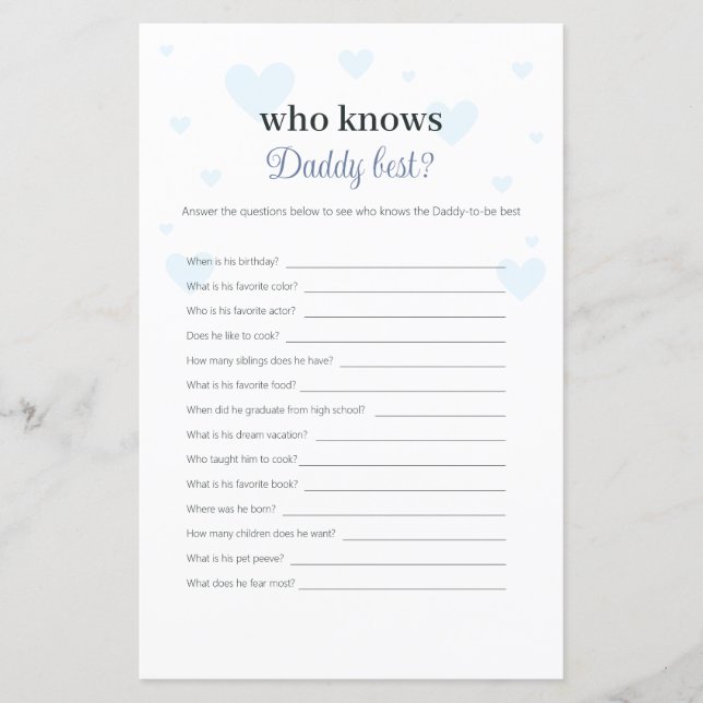 Papier Jeu pour Baby Shower Blue Hearts Qui Connaît le mi (Devant)