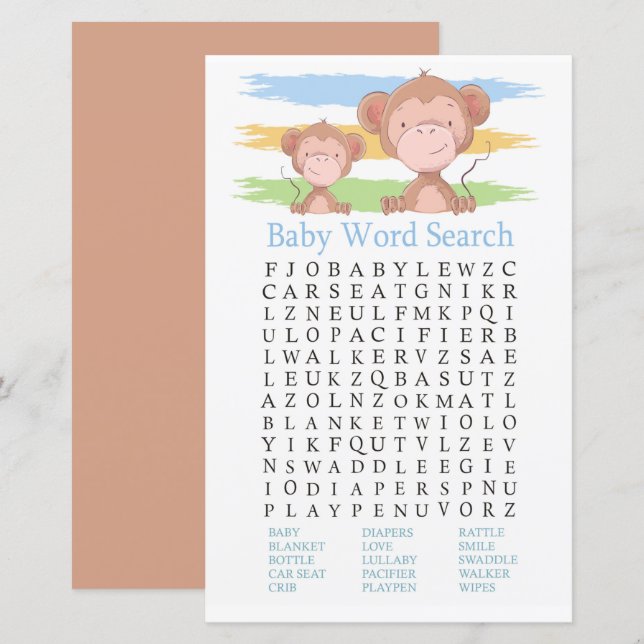 Papier Jeu Recherche Mot Baby shower Singe (Devant / Derrière)