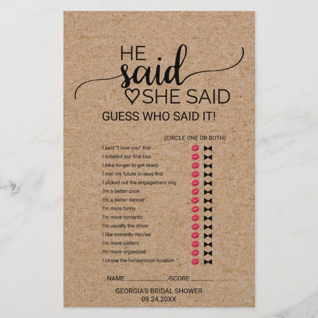 Papier Jeu Simple de Faux Kraft Il a Dit Elle a Dit (Devant)