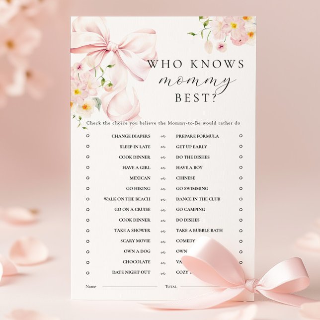 Papier Jeux d'activité Baby shower de Bow rose floral (Créateur téléchargé)