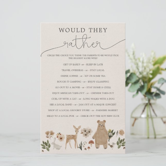 Papier Jeux de Baby shower à double face Boho Woodland (Debout devant)