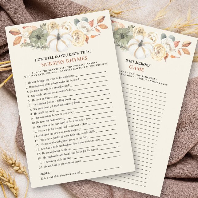 Papier Jeux de Baby shower à double face citrouille (Entertain your guests with this double sided baby shower game in an autumn pumpkin floral design.)