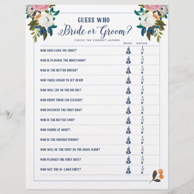 Papier Jeux de Baby Shower Devinez qui est la mariée ou l (Devant)