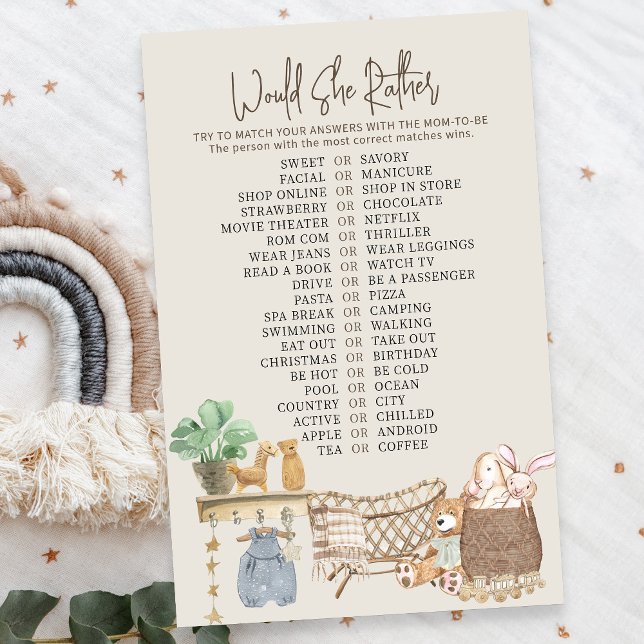 Papier Jeux de Baby Shower pour une Nursery Boho dans "Wo (Would She Rather Baby Shower game - from my Boho Baby Nursery Collection)