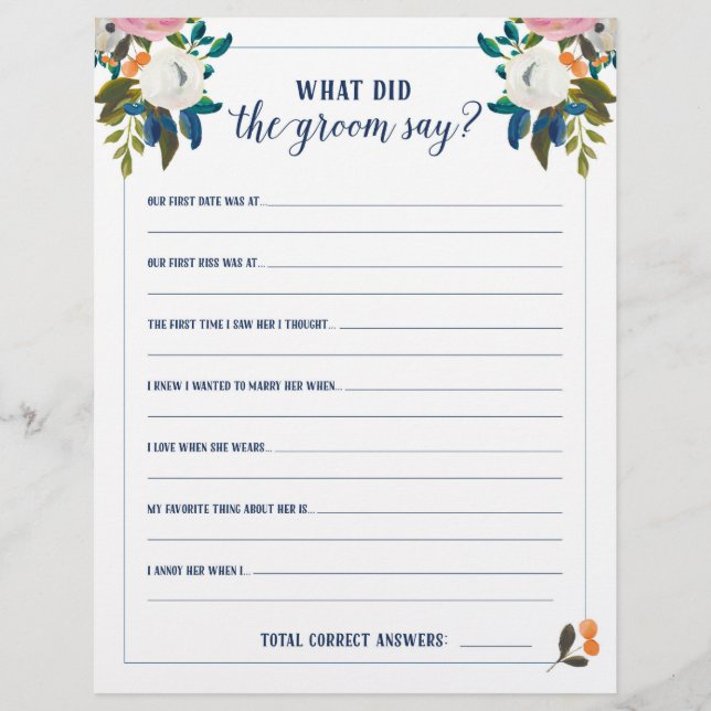 Papier Jeux de Baby Shower Que dit le marié (Devant)