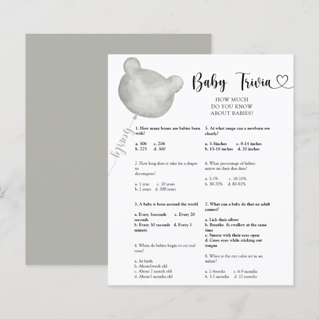 Papier Jeux de bébé ourson | Jeu de baby shower (Devant / Derrière)