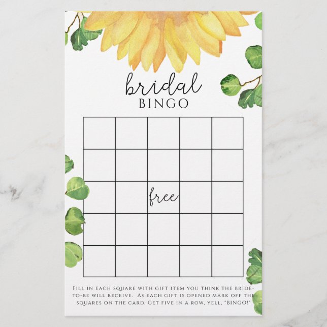 Papier Jeux de bingo de douche nuptiale de tournesol d'aq (Devant)