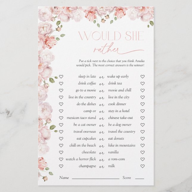Papier Jeux de Fête de Fiançailles Rose Floral 'Préférera (Devant)