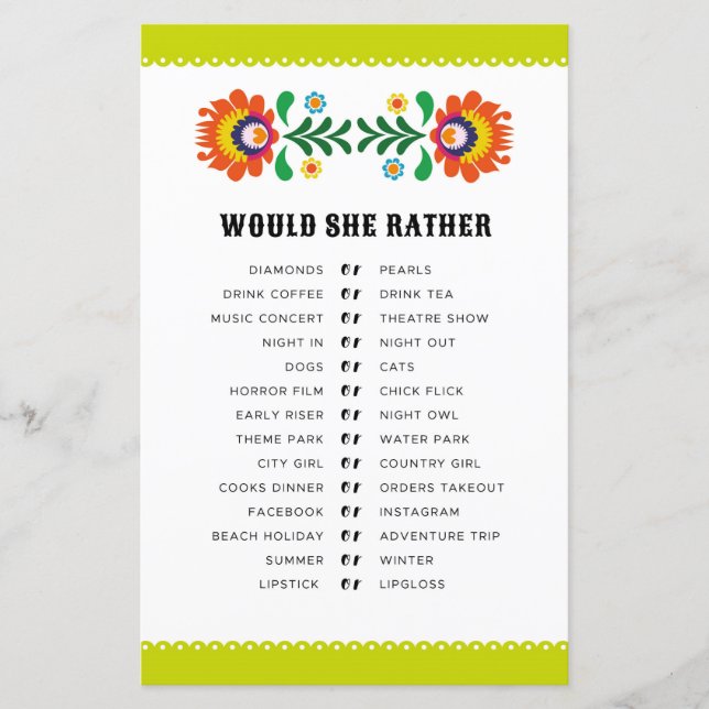 Papier Jeux de Fête de Mariage : Fiesta 'Would She Rather (Devant)