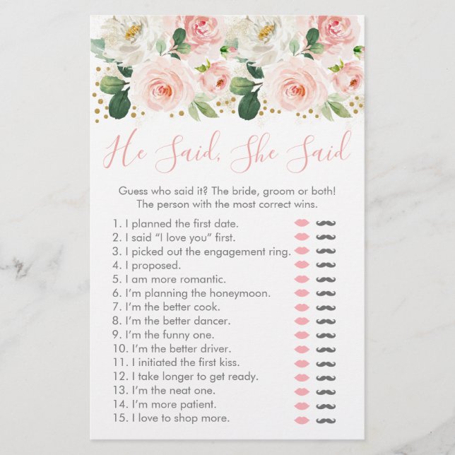 Papier Jeux de mariage Rose Gold Floral He Said She Said (Devant)