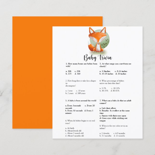 Papier Jeux de quiz bébé Renardeau | Jeu de Baby Shower (Devant / Derrière)