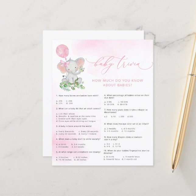 Papier Joli Eléphant Baby shower Baby Trivia Jeu (Devant/Arrière en situation)