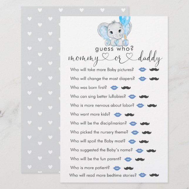 Papier Joli éléphant Baby shower "Devinez qui" Jeu (Devant / Derrière)