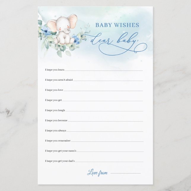 Papier Joli éléphant boho fleurs bleues Chers voeux pour  (Devant)