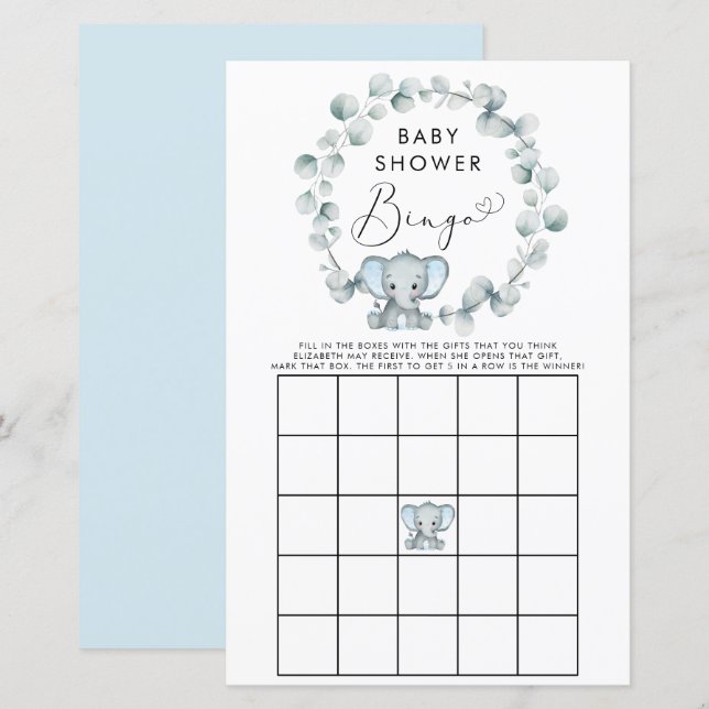 Papier Joli garçon éléphant bébé Bingo douche Jeu (Devant / Derrière)