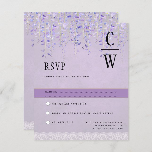 Papier Joli moderne Wisteria dentelle violet mariage RSVP (Devant / Derrière)