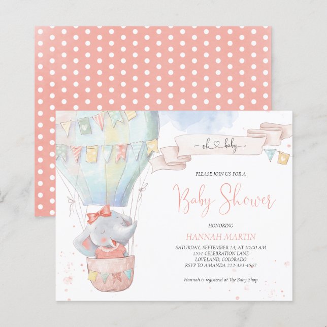 Papier Jolie fille éléphante Baby shower rose Invitation (Devant / Derrière)