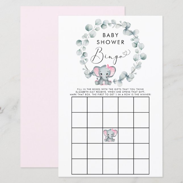 Papier Jolie fille éléphante Bingo Jeu de douche Bingo (Devant / Derrière)