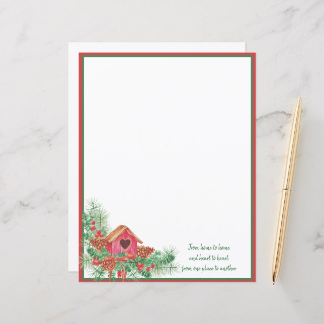 Papier Jolie maison d'oiseaux aquarelle Noël (Devant/Arrière en situation)