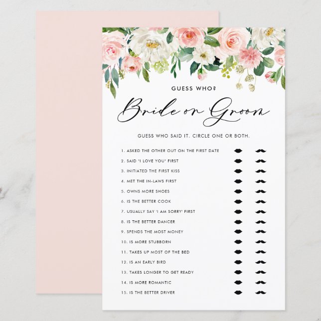 Papier Jolie mariée florale ou jeu de Fête des mariées de (Devant / Derrière)