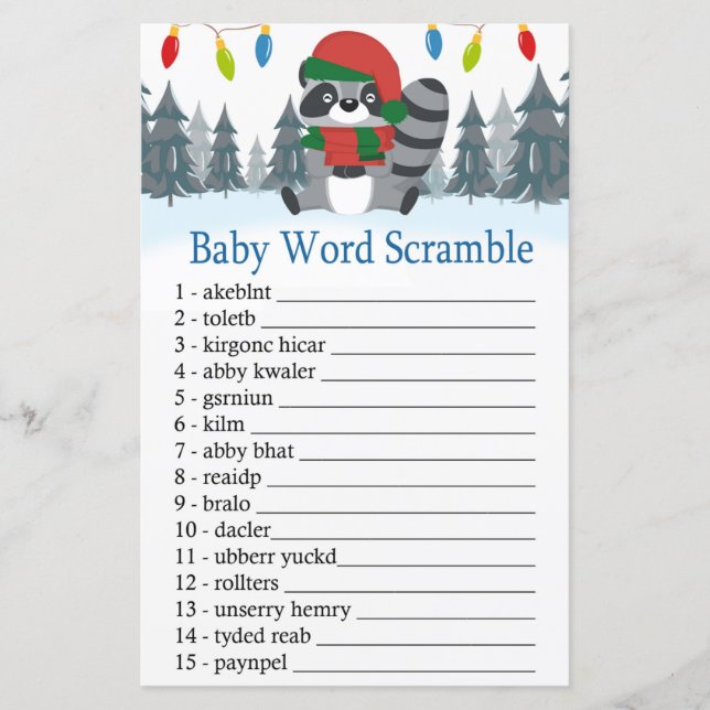 Papier Jolie Raccoon Noël Baby mot scrambule jeu (Devant)