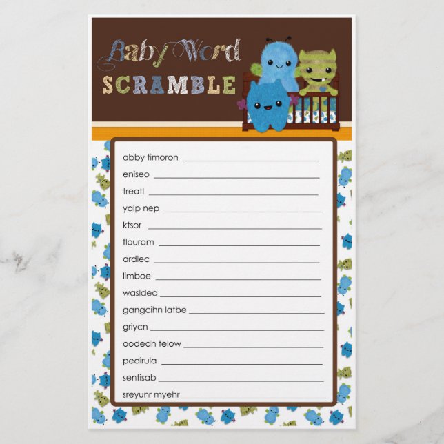 Papier Jouer à un Baby shower Monstres Boo Jeu Mot Scramb (Devant)