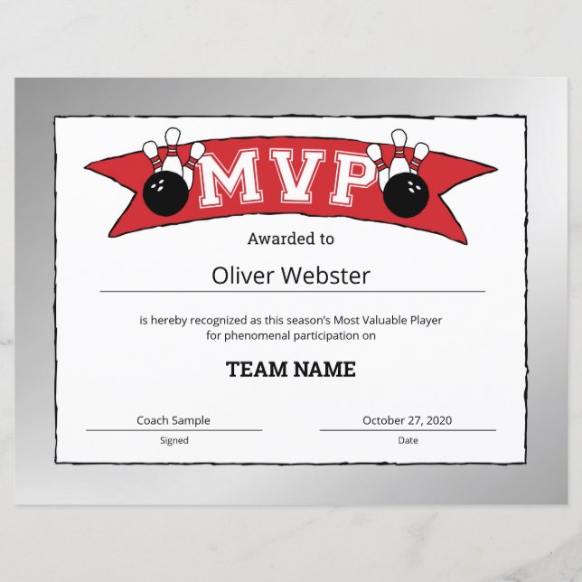 Papier Joueur MVP - Certificat MVP Bowling (Devant)